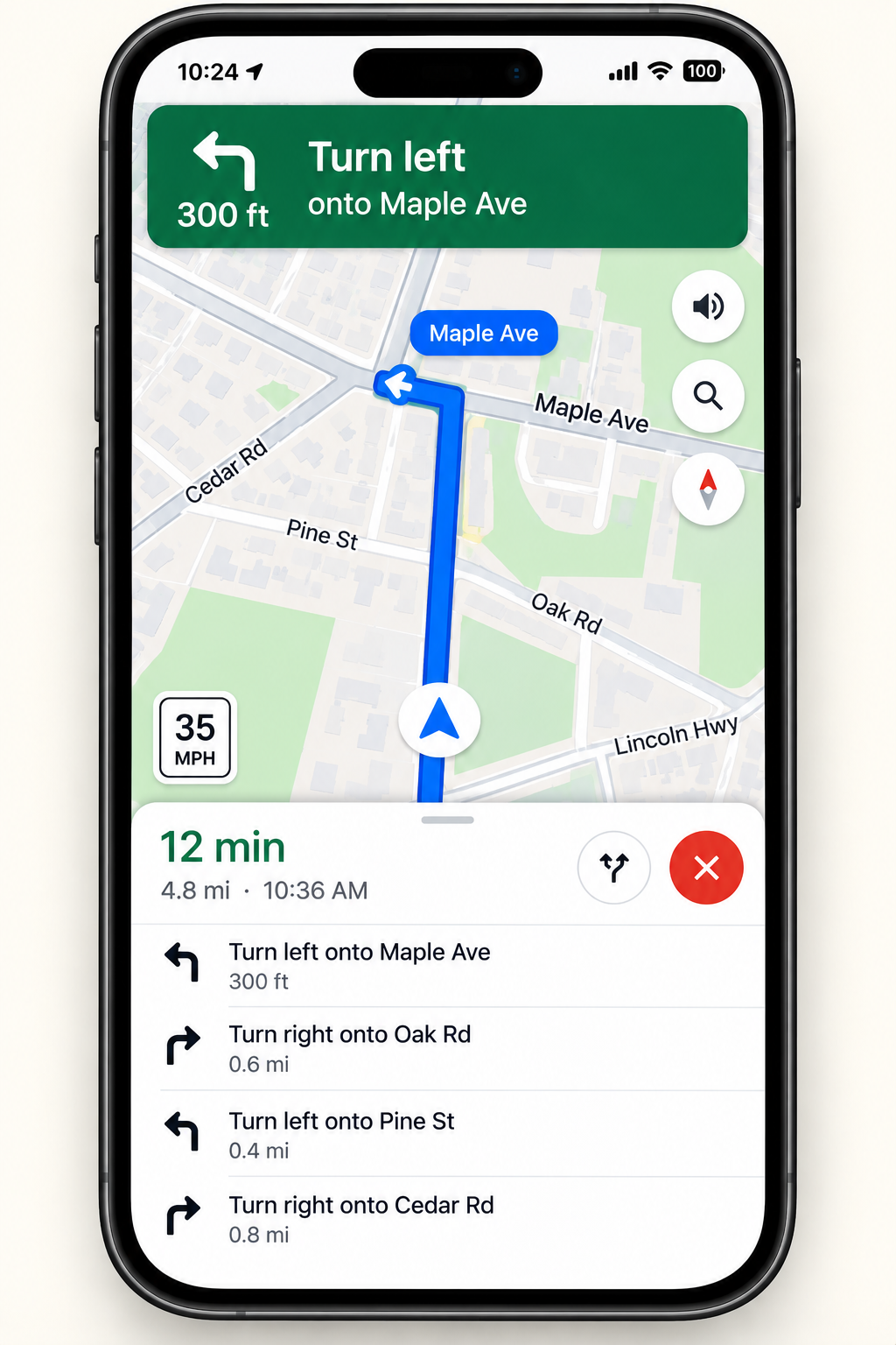 Google Maps GPS navigation showing turn-by-turn driving directions