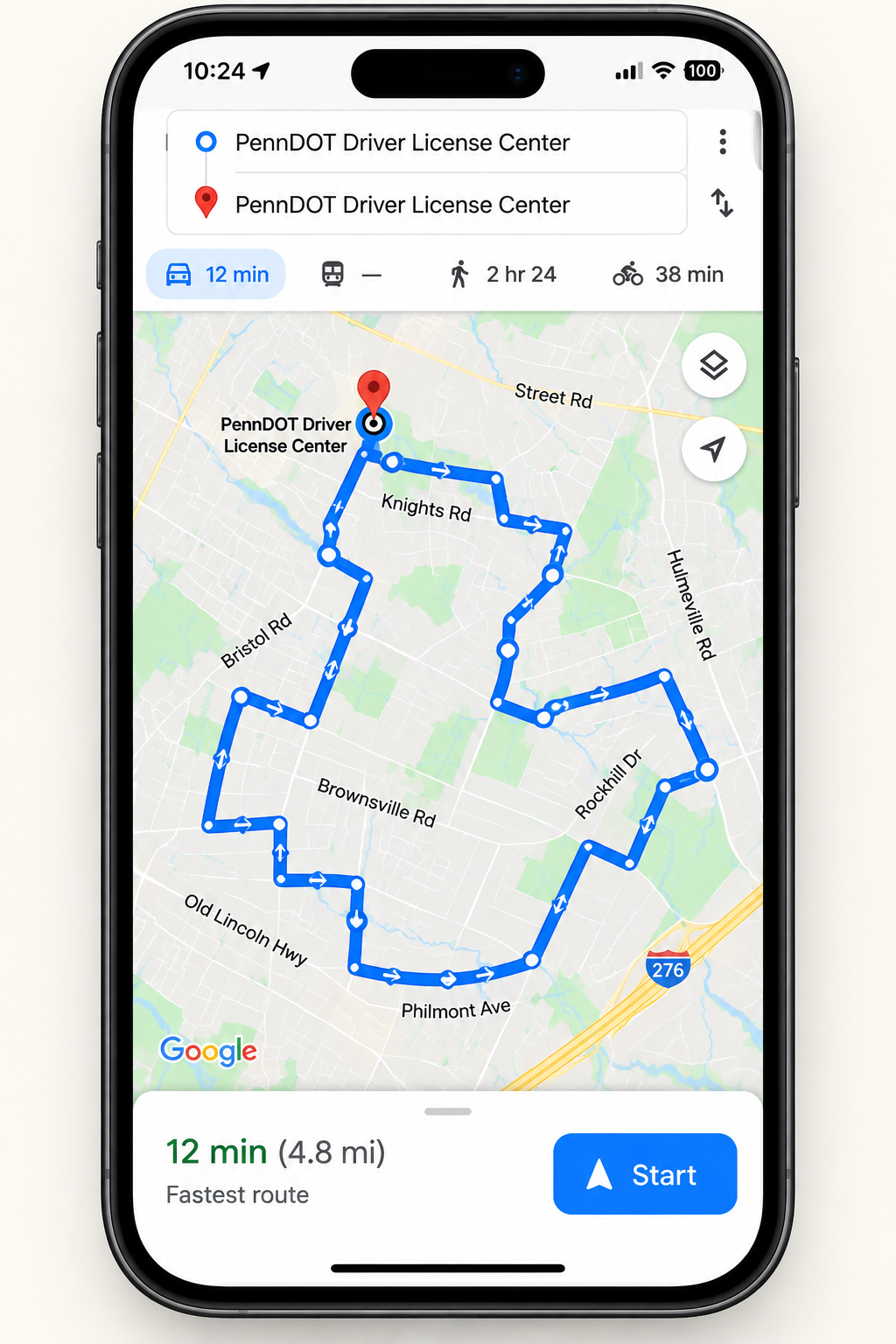 Driving test route displayed in Google Maps on a mobile phone